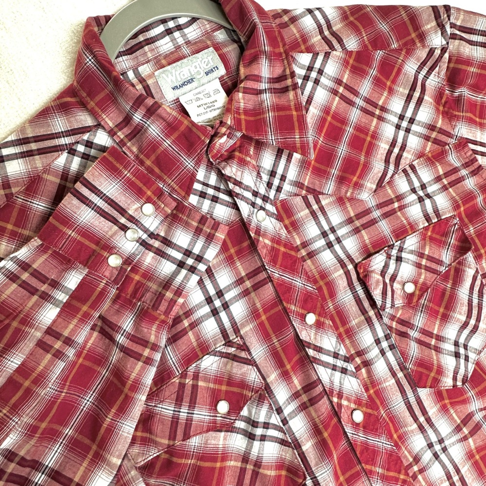 Wrangler Wrancher Shirt Red Plaid Pearl Snap Mens L MTW1489
